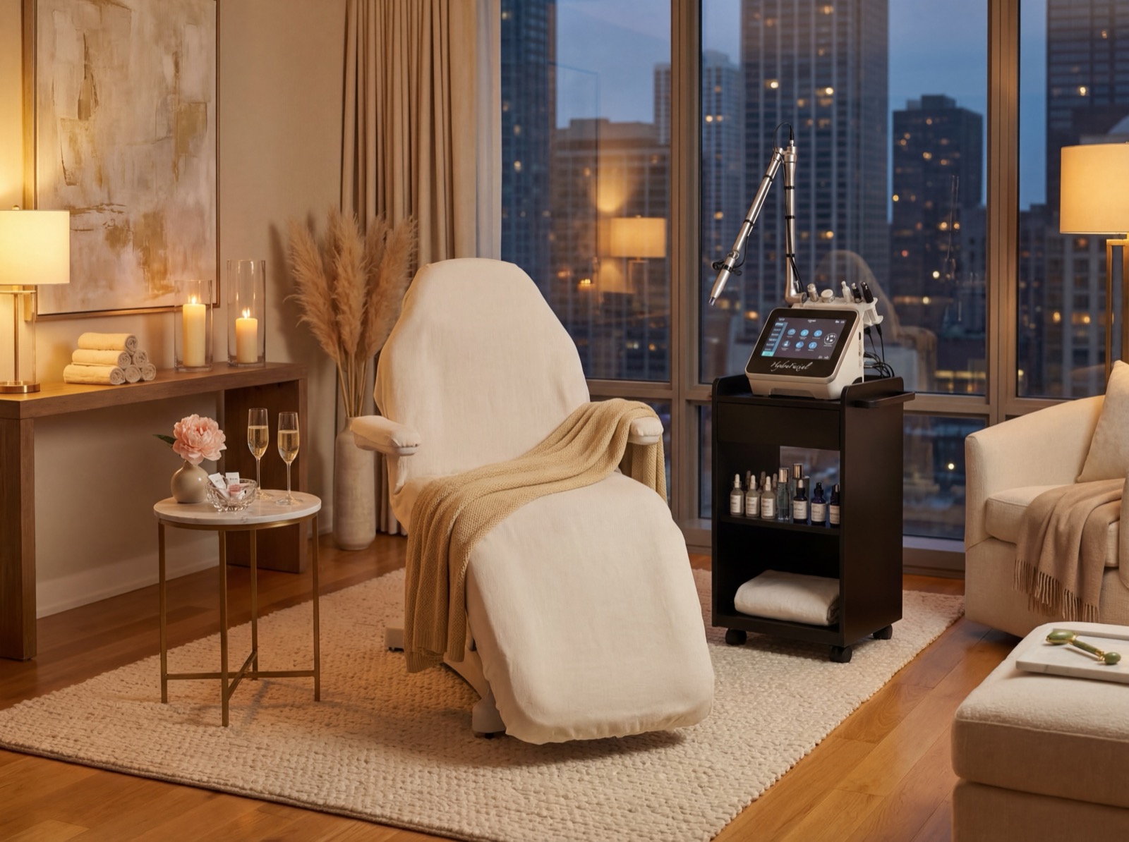 Luxury mobile HydraFacial treatment station set up in a Chicago hotel suite with champagne and city skyline views