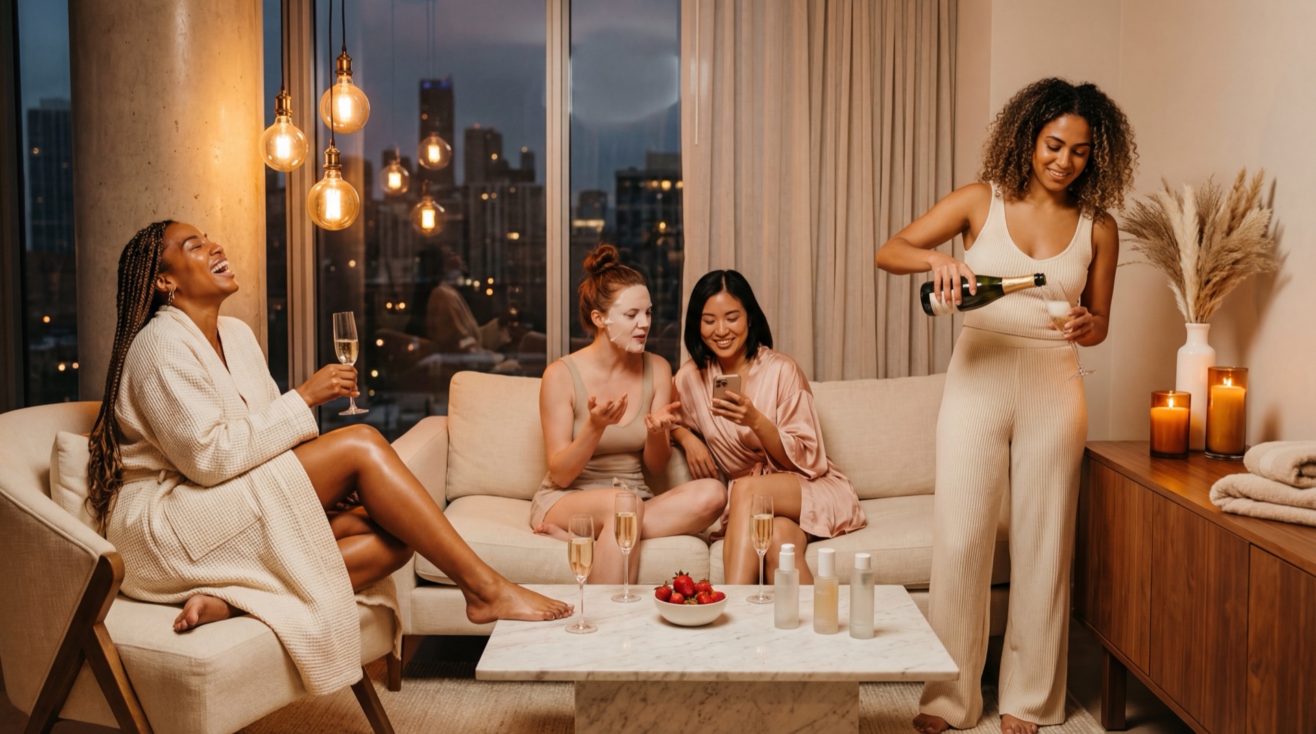 Friends enjoying champagne and glowing skin after HydraFacial treatments